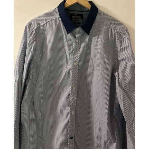 Buffalo David Bitton Slim Fit Men's Size XL/TG Blue Striped Cotton Casual Shirt - Picture 2 of 16